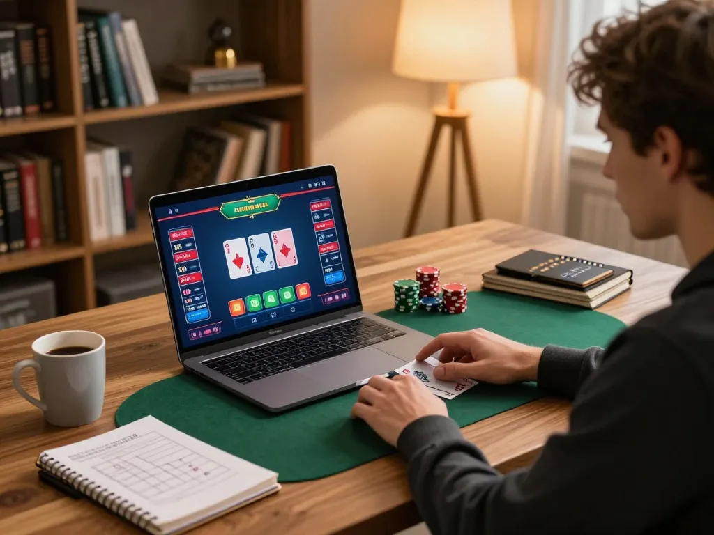 IWIN poker player engaged in online gaming with laptop and strategy notes.