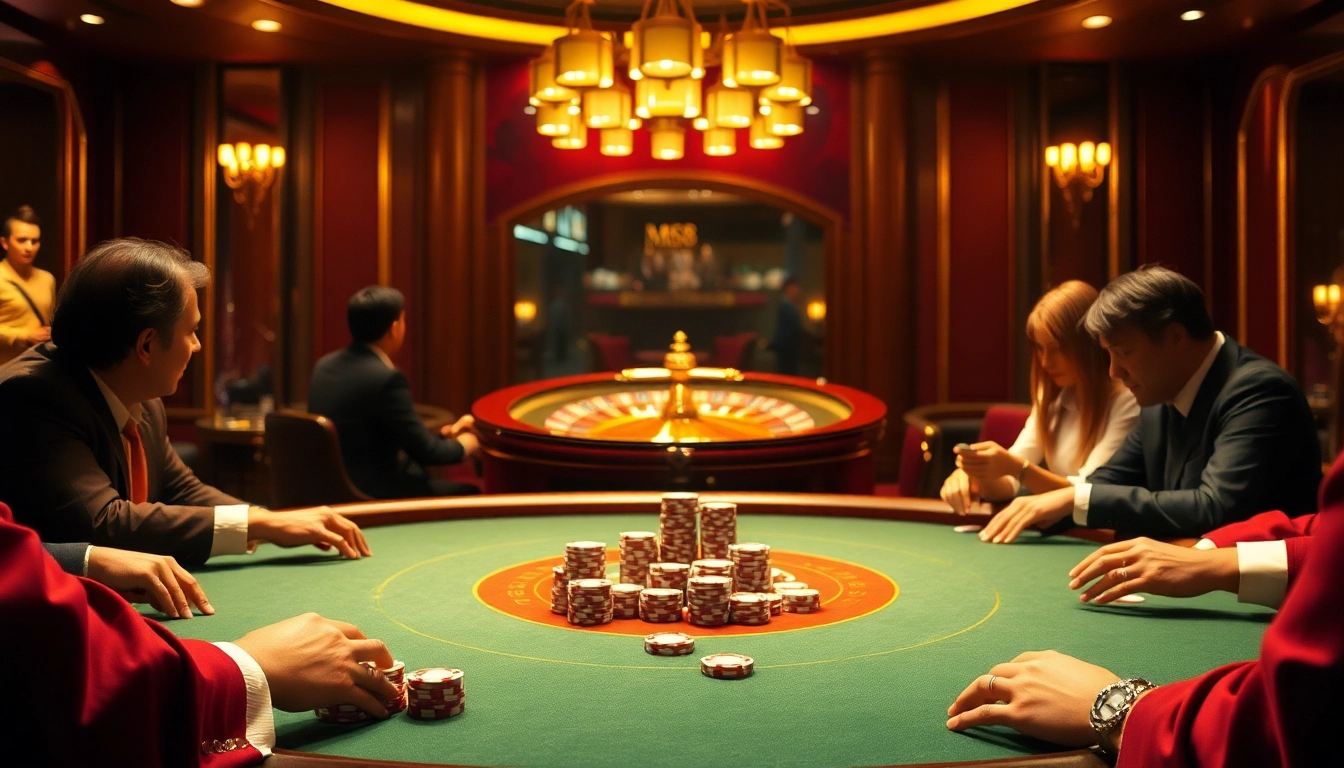 Exciting gameplay at Trang chủ MM88 with a vibrant poker table and roulette wheel in a luxurious casino setting.