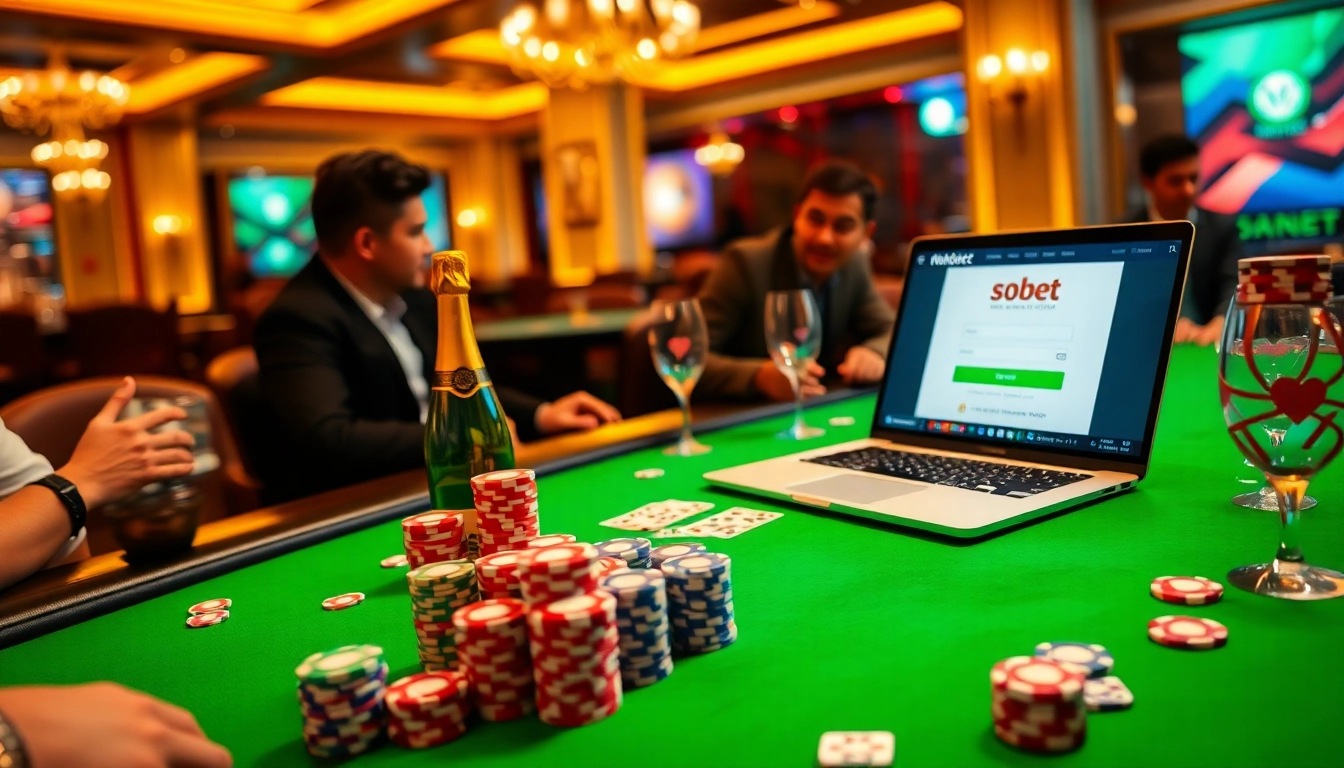 Sbobet login interface displayed alongside an exciting poker game, encapsulating the thrill of online gambling.