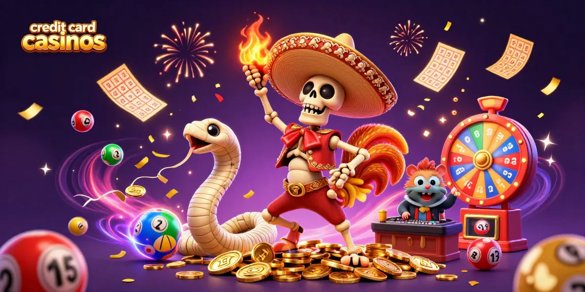 Engaging scene of credit card casinos featuring animated characters amidst colorful lottery elements.