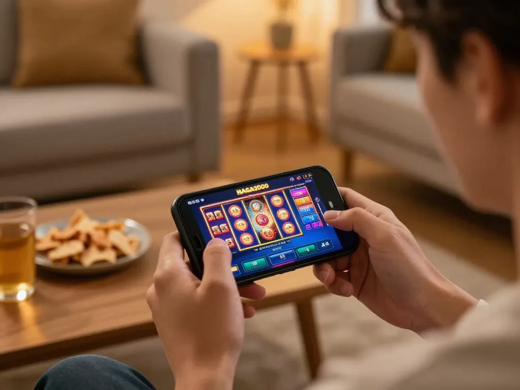 NAGA2000 app interface displayed on smartphone for online gaming in a cozy living room.