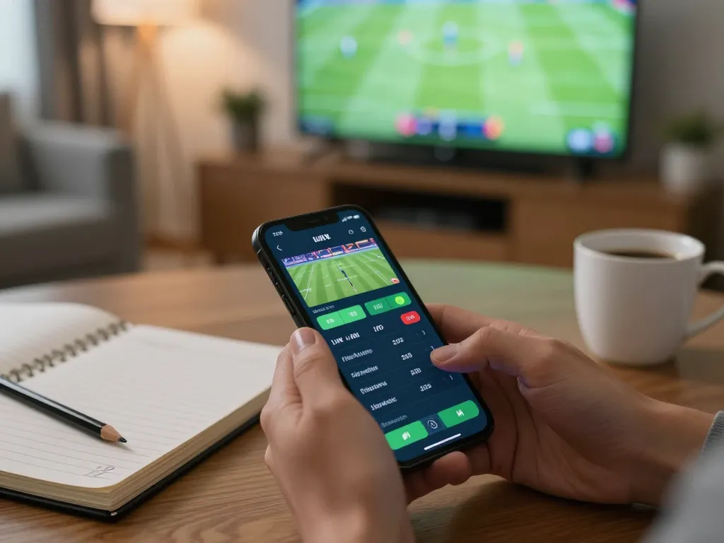 Engaging in online betting with link ok365 on smartphone amidst a cozy home setting.