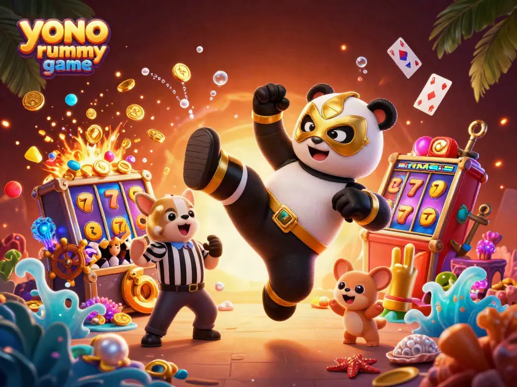 Gambarkan aksi seru permainan yono rummy dengan panda pejuang dan penonton hewan kecil di latar belakang yang meriah.