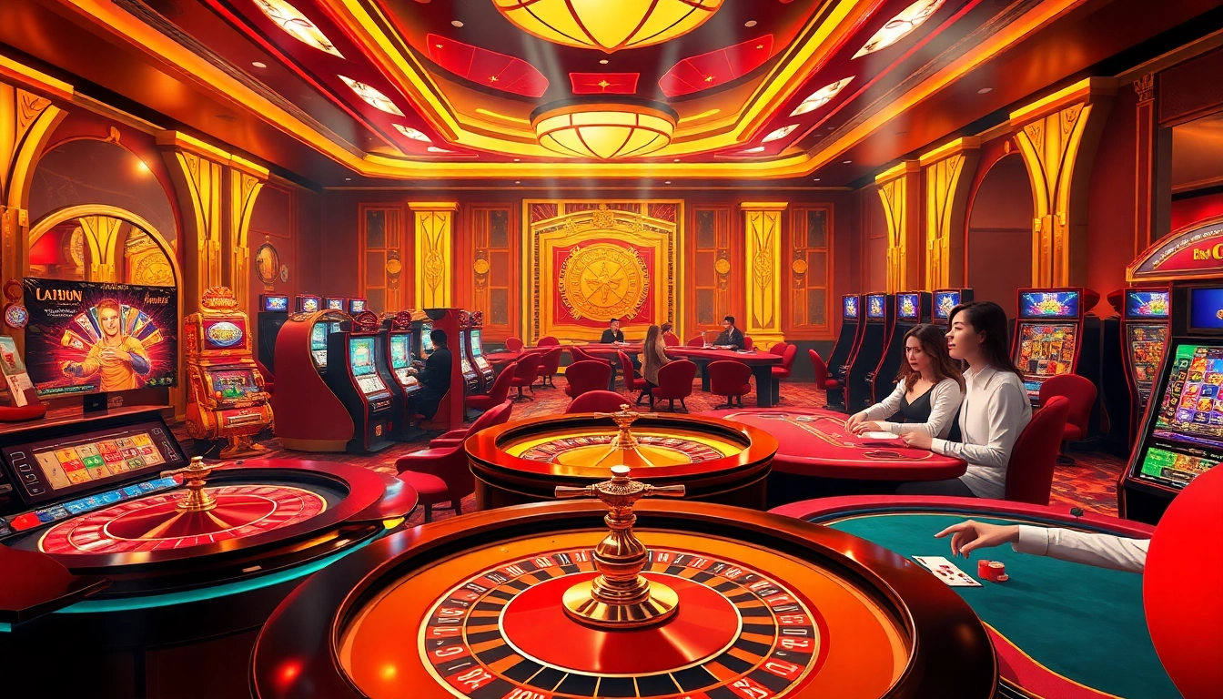 Experience thrilling gameplay with Loto188's vibrant online casino design featuring roulette and slot machines.