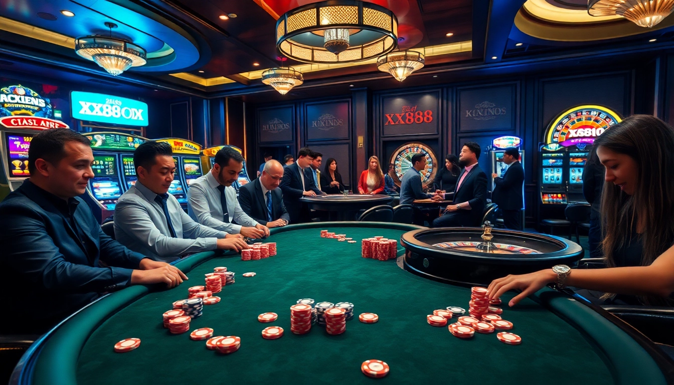 Participate in exciting games at xx88 com with a high-stakes poker table and vibrant slots.