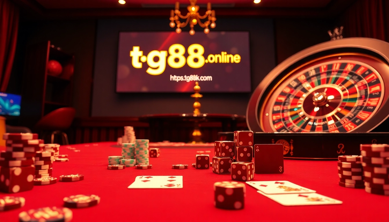 A breathtaking casino scene inviting players at https://tg88k.online/ with vibrant poker cards and roulette excitement.
