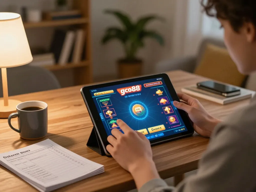 Engaging in go88 live gaming on a tablet in a comfortable home setting with strategic notes