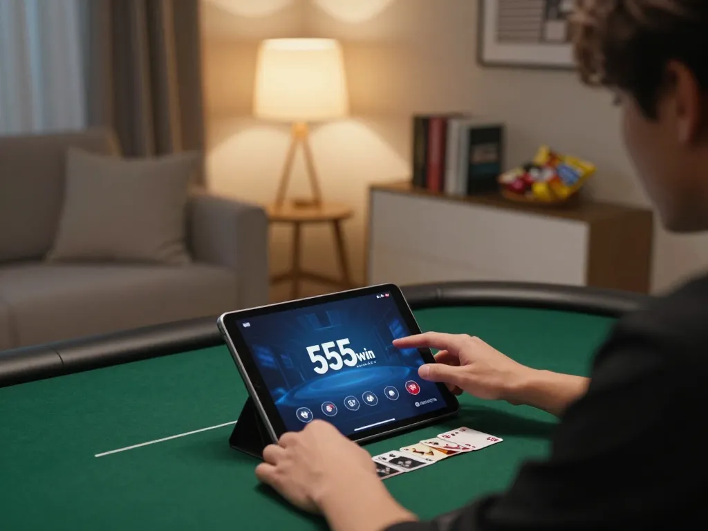 The app 555win is used for an exciting online poker game in a cozy living room setting