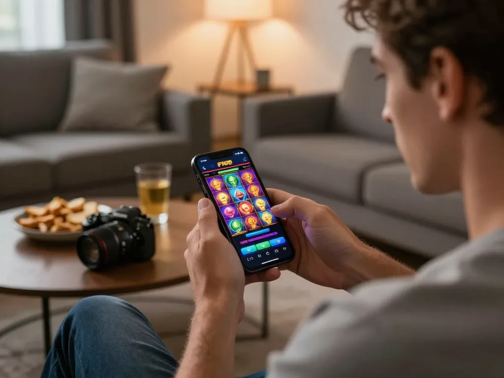 Player engaged in F168 online casino game on smartphone in cozy living room setting.