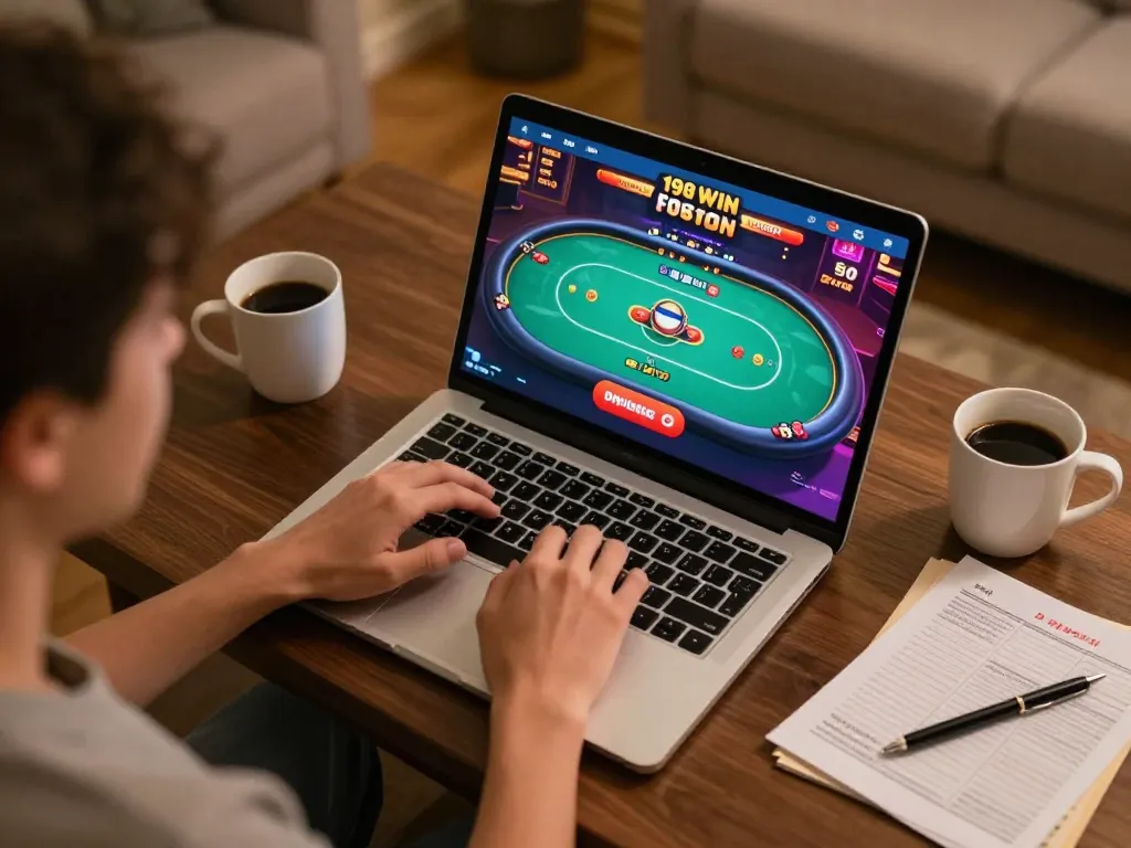 Person engaging in online casino games on 98win platform in a cozy home setting