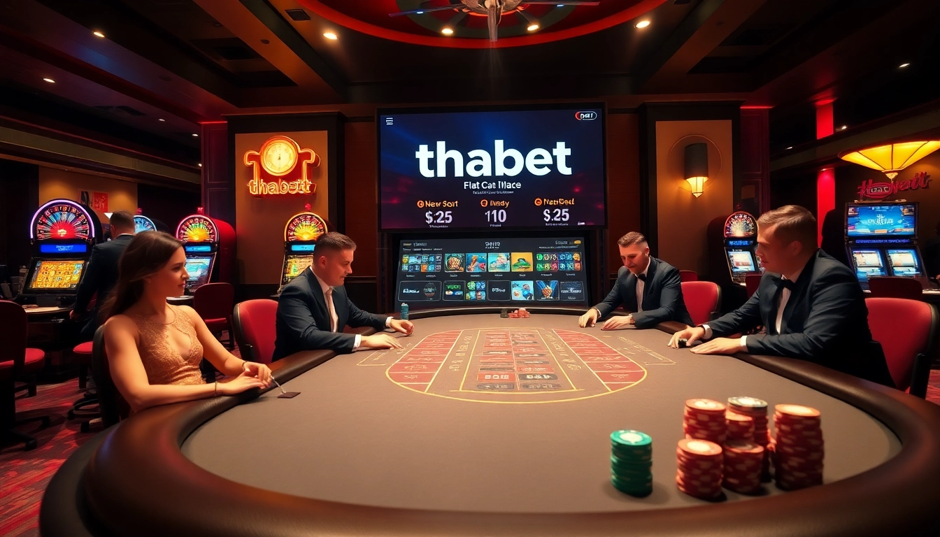 Players enjoying high-stakes poker at thabet casino, surrounded by vibrant slot machines and roulette.