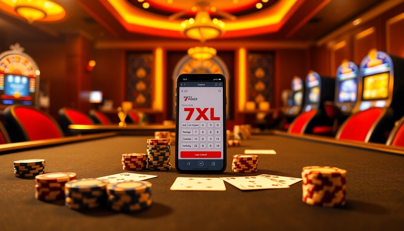 Experience thrilling poker action with 7xl download featured on a sleek smartphone at a luxurious table