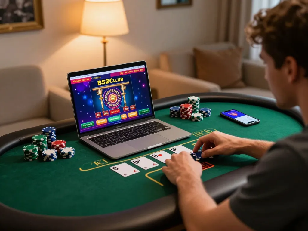 Engaging in B52club online gaming, showcasing poker and roulette gameplay on laptop for a strategic gaming experience