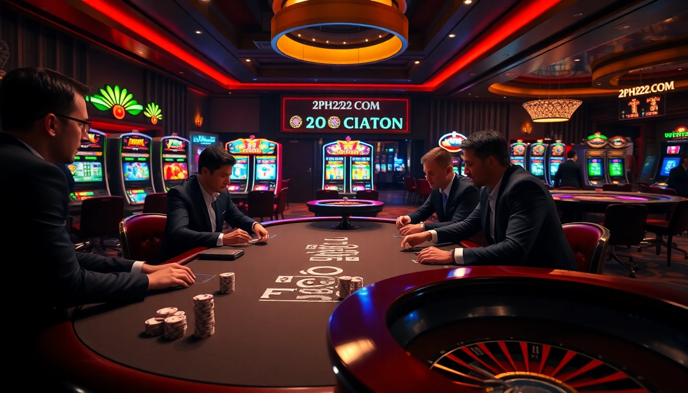 Experience thrilling gameplay at 2PH222 COM with poker chips, cards, and a bustling casino atmosphere.
