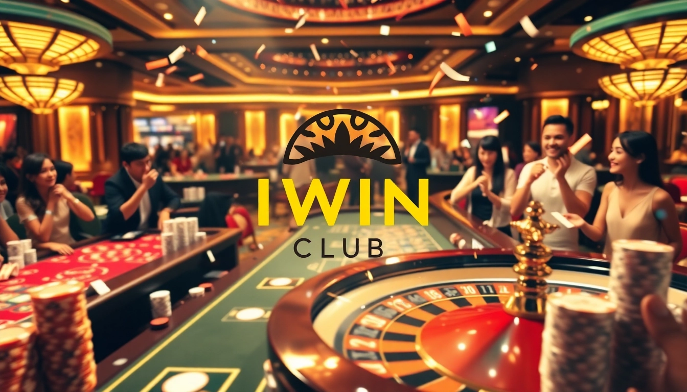 Experience the luxury of IWIN Club with players engaging at dynamic casino tables and winning moments.