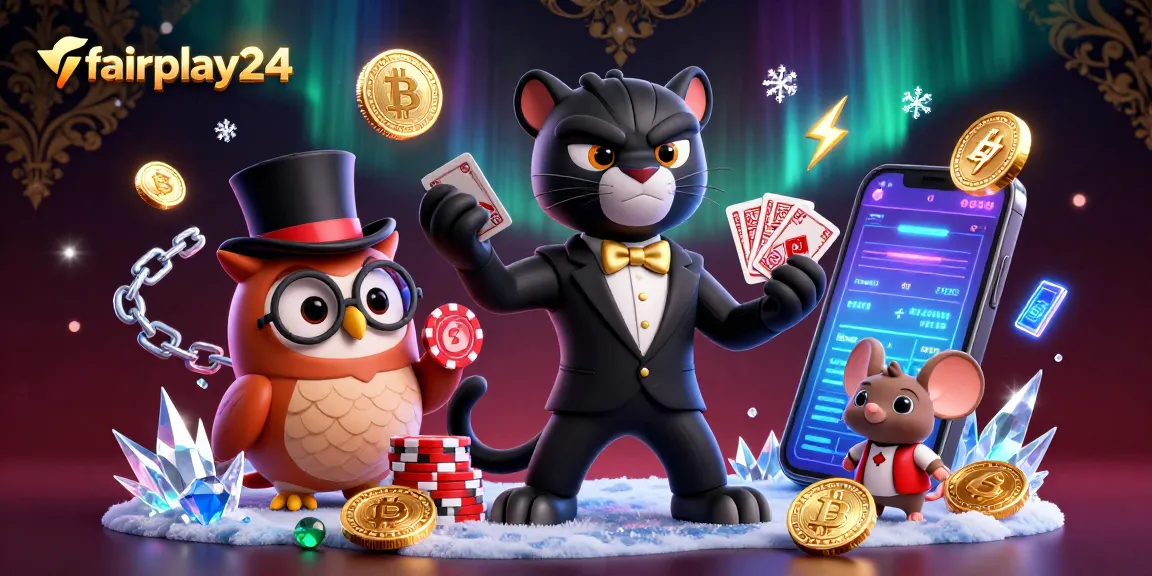 Experience the thrill of betting with fairplay24 as a stylish panther deals cards among crypto coins and gaming icons.