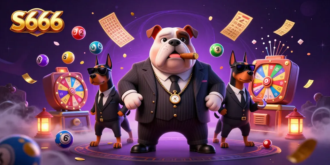 S666 casino experience with a mafia bulldog boss and dynamic gaming elements soaring across a vibrant background.