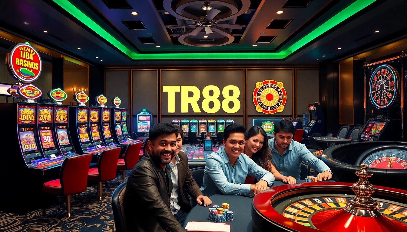 Players enjoying casino games at TR88 COM with vibrant slot machines and classic poker tables.