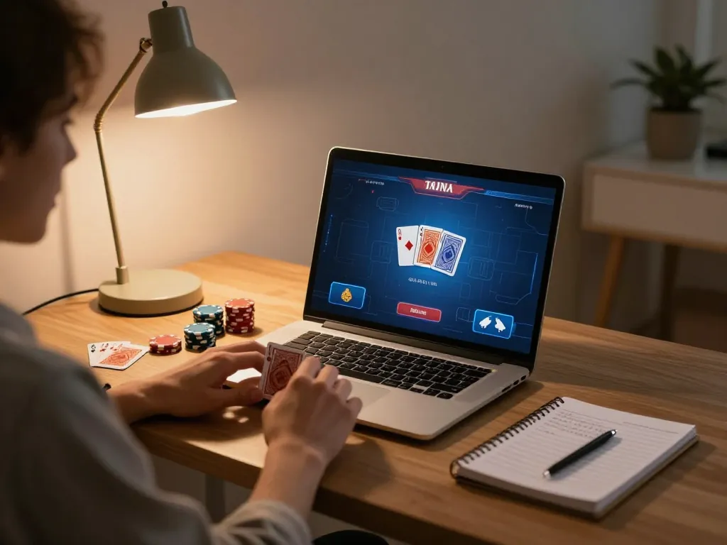 Engaging game play with 789F poker on a laptop, showcasing strategic notes and cozy atmosphere.