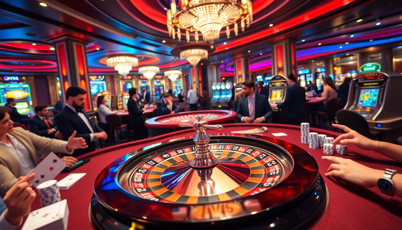 Exciting casino scene showcasing Nhà Cái 68VIP Có Uy Tín with roulette and enthusiastic players.