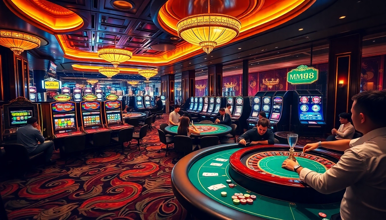 Exciting casino gameplay at MM88 with vibrant tables, poker chips, and slot machines.