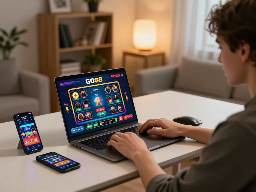 Player engaging with GO88 online casino games using laptop and smartphone in cozy home environment.