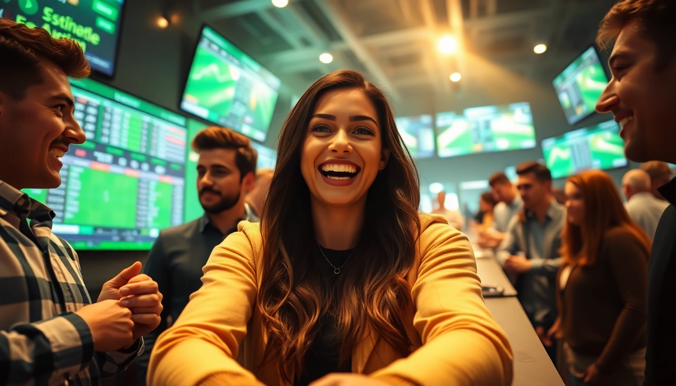 Excited players engaged in sports betting at 8s bet platform, featuring vibrant screens and a lively atmosphere.