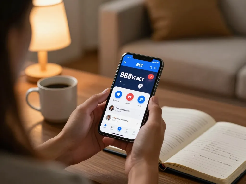 Engaging with 888VI BET app for strategic mobile gaming in a cozy living environment.