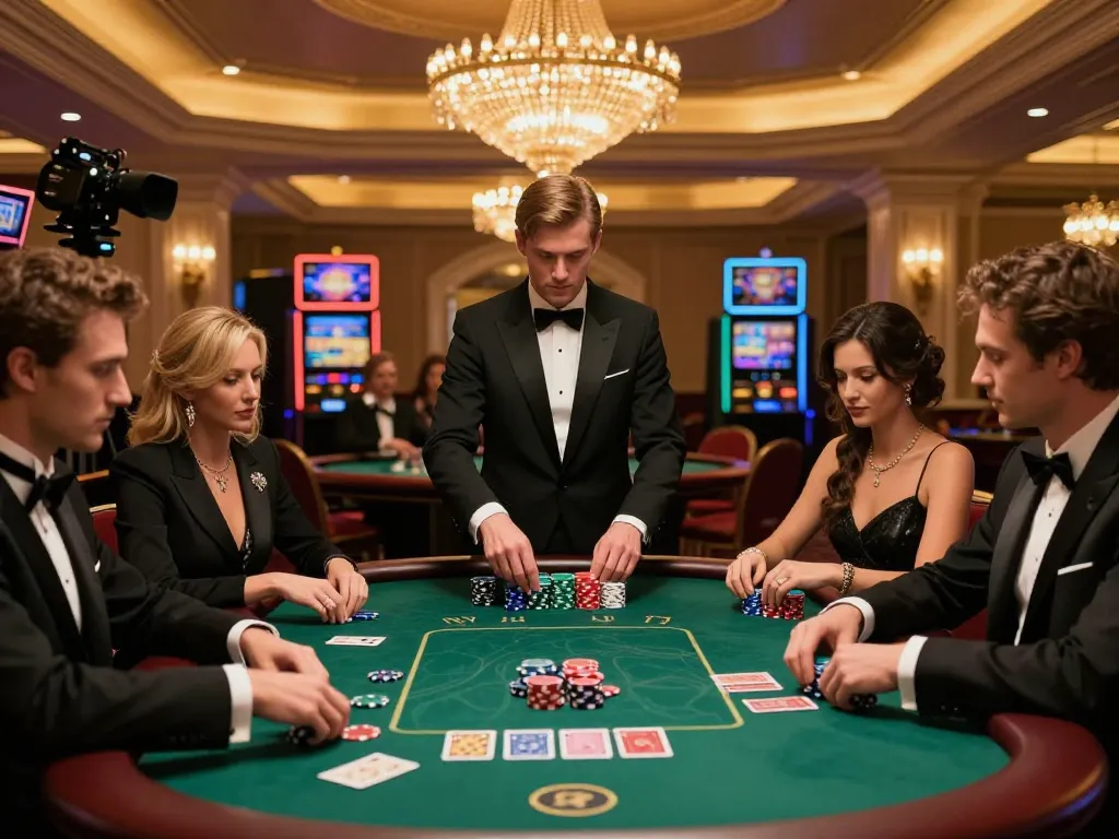 Players enjoying an upscale poker game at 388bet casino, showcasing strategy and excitement.
