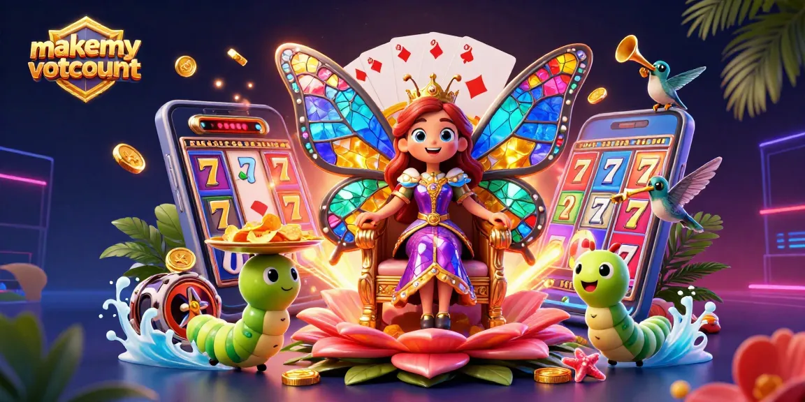 Spin to win at makemyvotecount with a colorful slot game, poker cards, and enchanting characters.