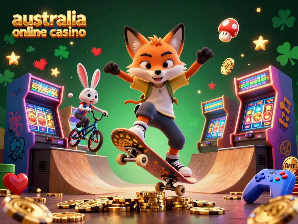 Experience exciting gameplay at australia online casino with animated fox and rabbit engaging in casino-themed tricks.
