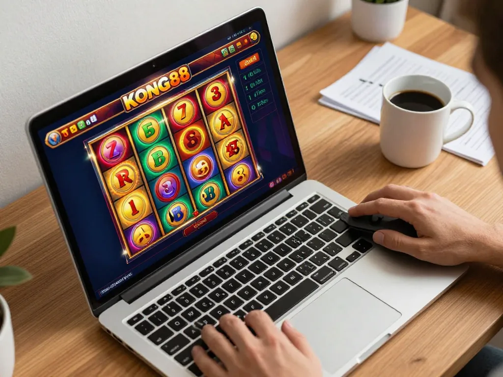 KONG88 player engaging with colorful slot reels in an online casino setting at home.