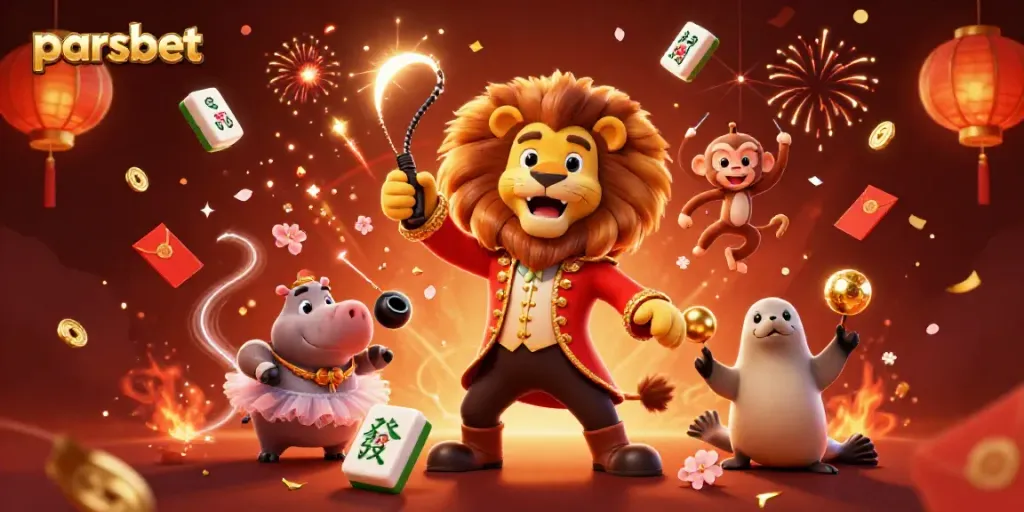 Parsbet oyunlarına yönelik eğlenceli 3D ilüstrasyon, circus karakterleriyle dolu renkli bir sahnede strateji sunuyor