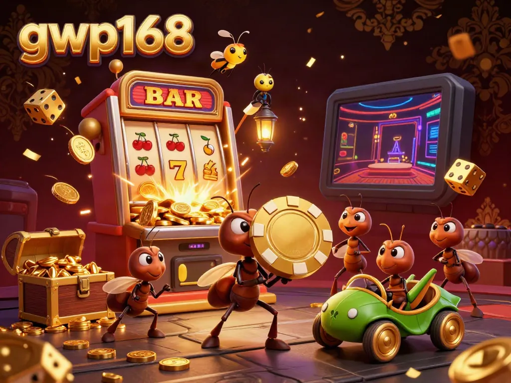 Tim semut 3D di gwp168 melaksanakan pencurian chip poker emas besar dalam suasana kasino.