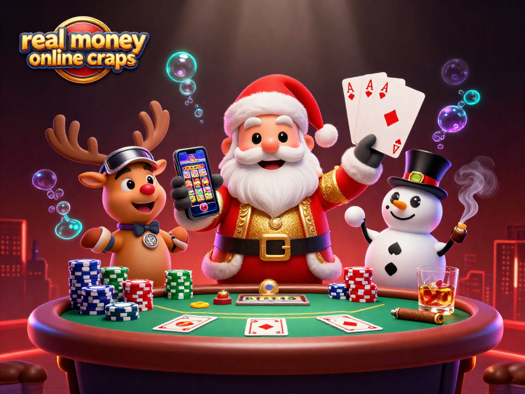 Betting on real money online craps with Santa and friends in a vibrant, festive casino scene.