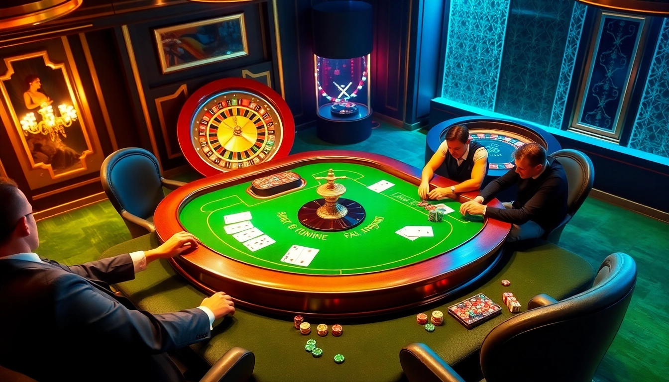 Experience the thrill of F8bet at an elegant poker table with excited players and a spinning roulette wheel.