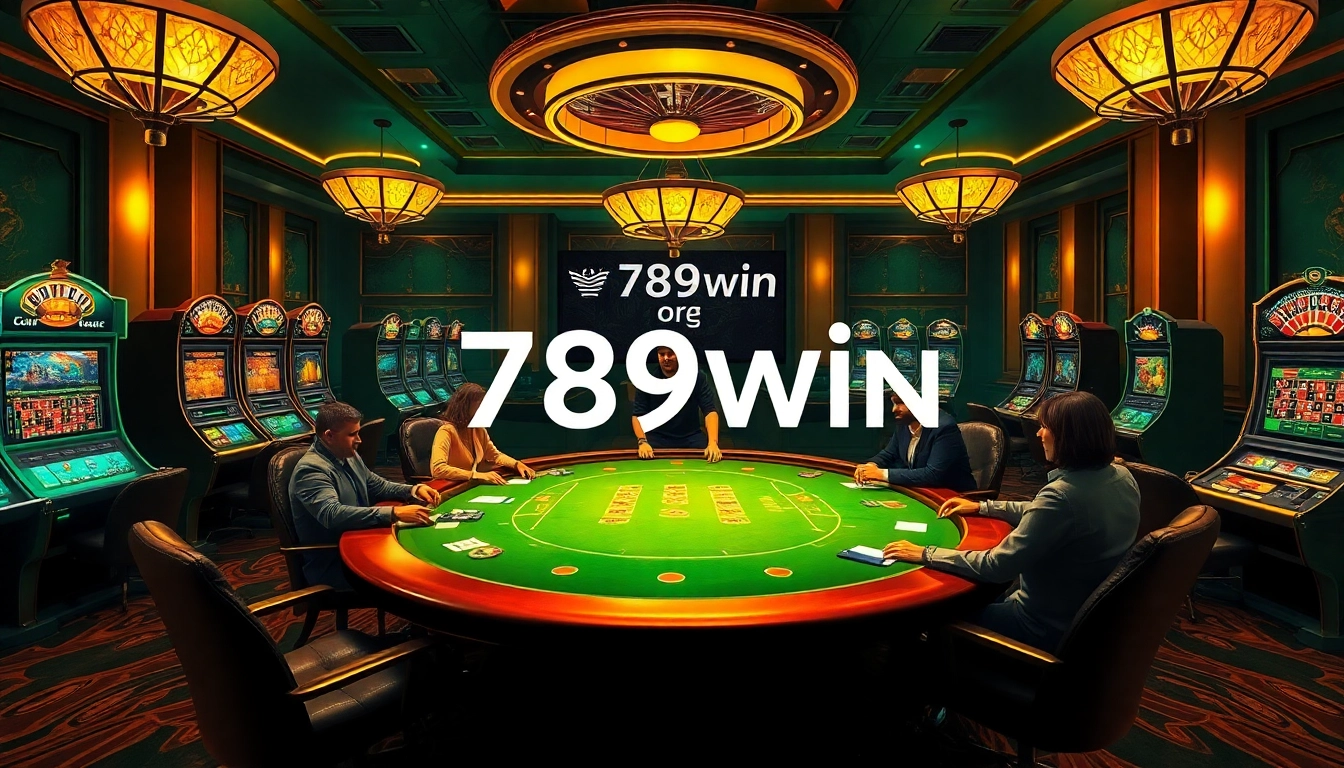 Engaged players at a high-stakes table showcasing 789win with vibrant casino elements like chips and slots.