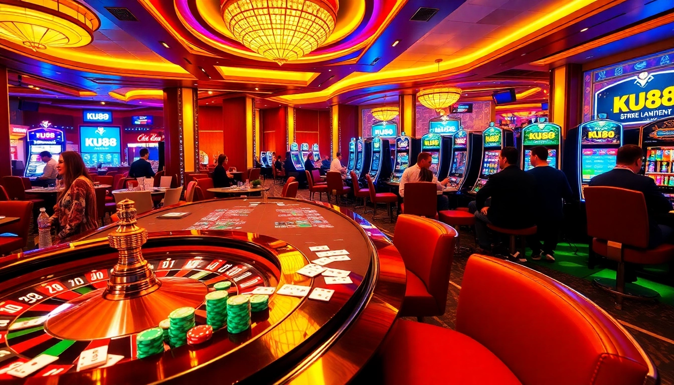 Experience the thrill of gambling at KU88 casino with vibrant tables, slots, and players.