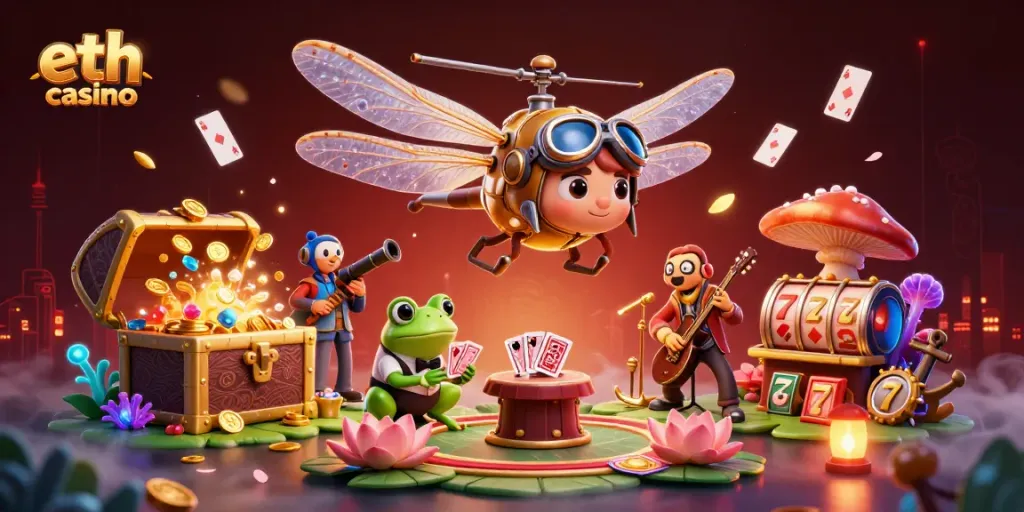 Experience the thrill of eth casino with a vibrant 3D illustration scene featuring a dragonfly pilot and frog croupier.