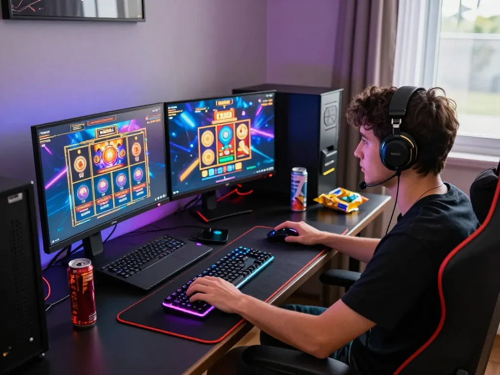 Sesi permainan slot gacor yang menarik dalam suasana cerah dengan seorang pemain di setup permainan berteknologi tinggi.