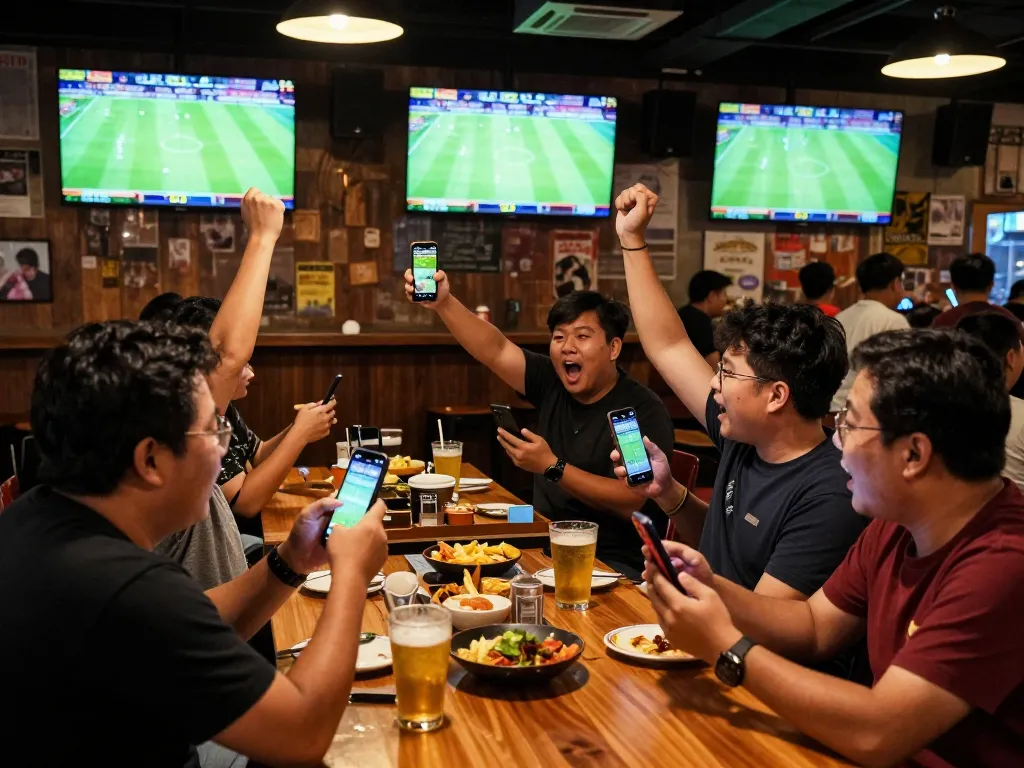 Engaged sports fans placing bets on keonhacai while watching live football matches