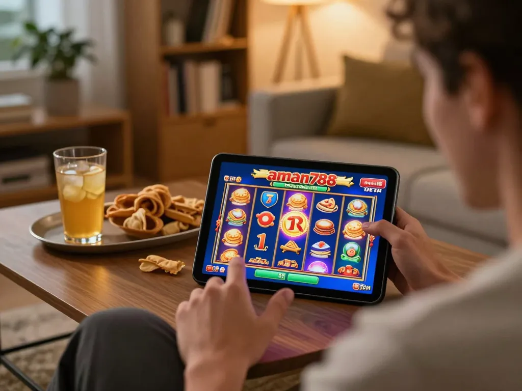 Penggambaran menarik seorang pemain menikmati aman788 slot online di tablet dengan grafik yang cerah dalam suasana nyaman