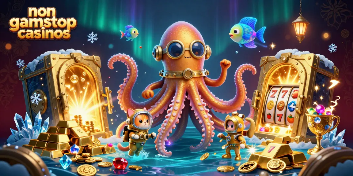 Play exciting games at non gamstop casinos featuring a kraken and diving cat amidst treasure.