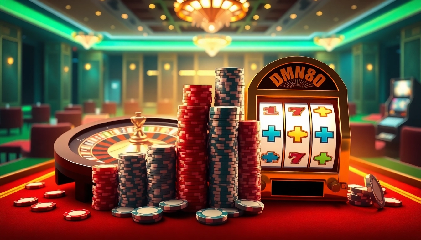 Experience the luxury of Trang chủ MM88 with a vibrant casino scene featuring roulette, poker chips, and slot machines.