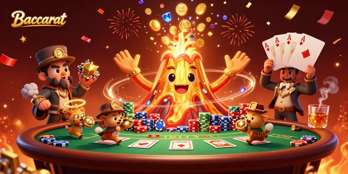 Engage with Baccarat gameplay as a golden volcano erupts coins with adventurers amidst a casino atmosphere.