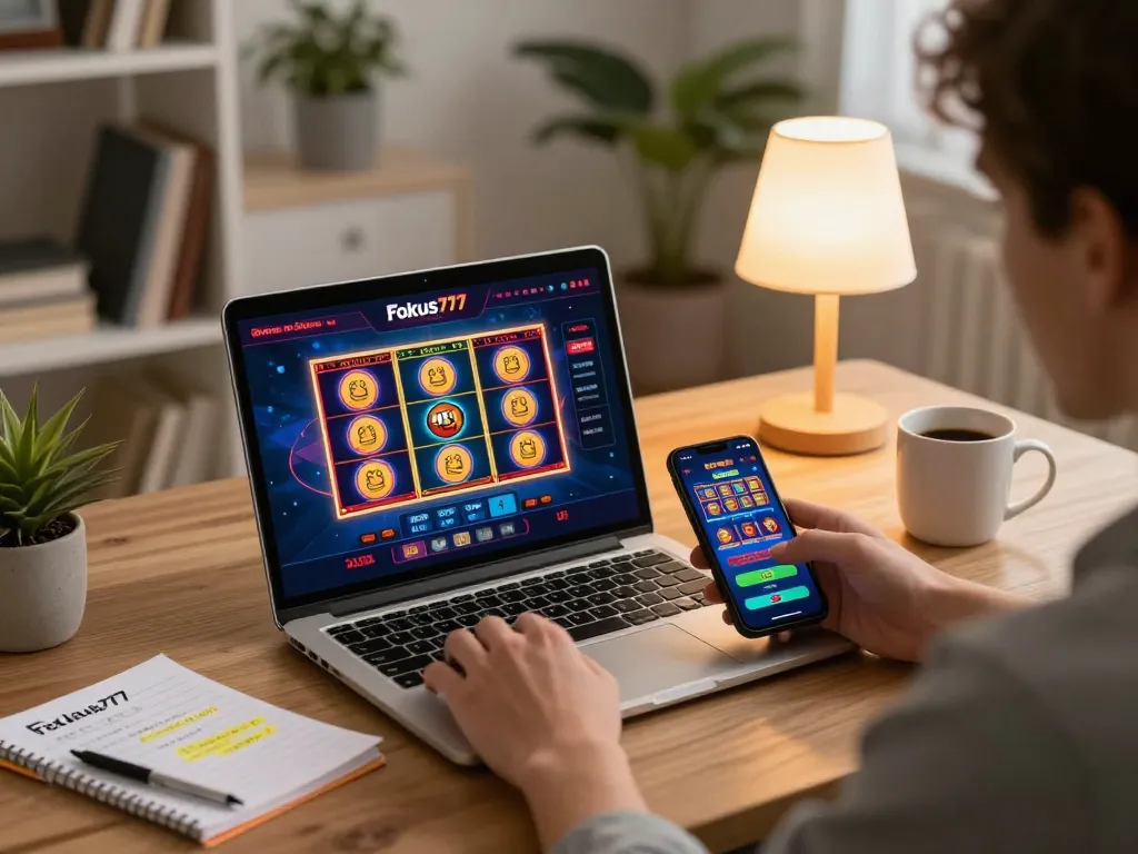 Engaging with the Fokus777 online casino platform through a laptop showcasing exciting games.