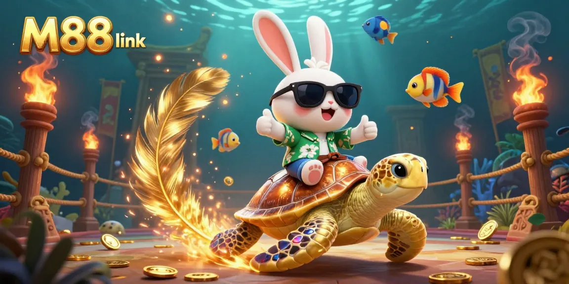 Experience the thrilling M88 link in a vibrant 3D scene with a lucky rabbit and sea turtle amidst casino elements.
