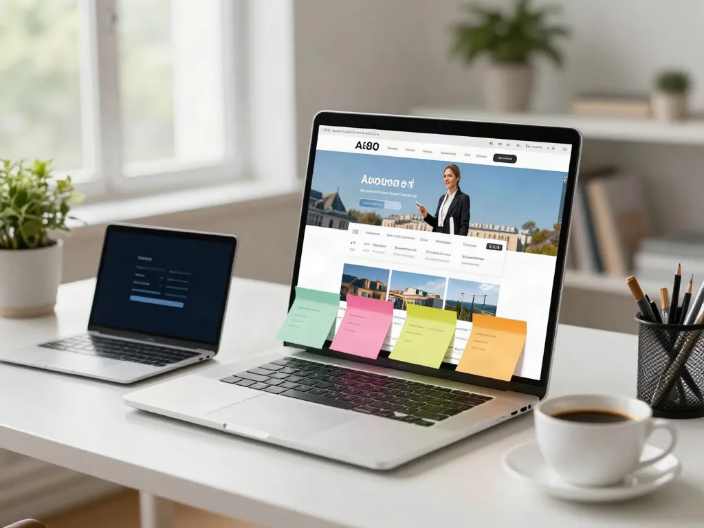 A80 homepage displayed on a laptop in a modern e-commerce workspace with colorful project notes.