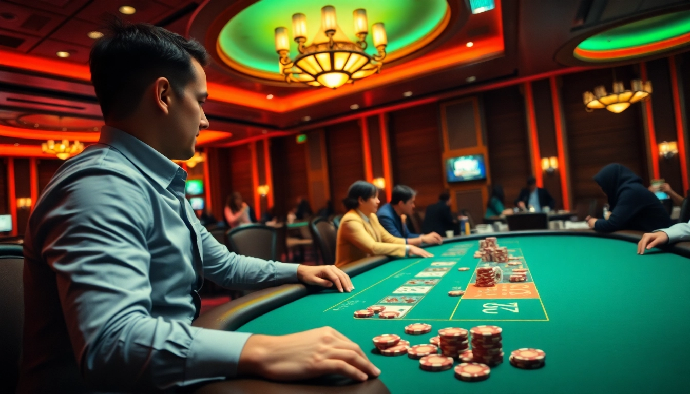 Aksi pertaruhan di meja poker arushoki dengan suasana kasino yang menegangkan.