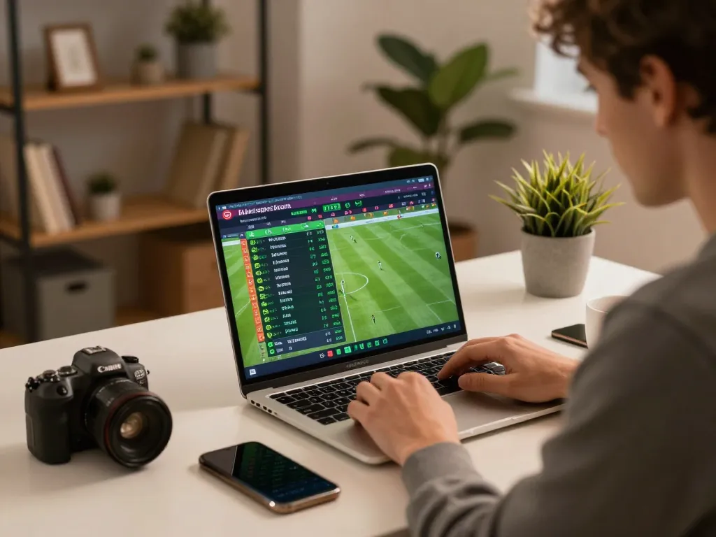 Engaged in soi keo nha cai online sports betting, person analyzing live odds on laptop during cozy home setup.